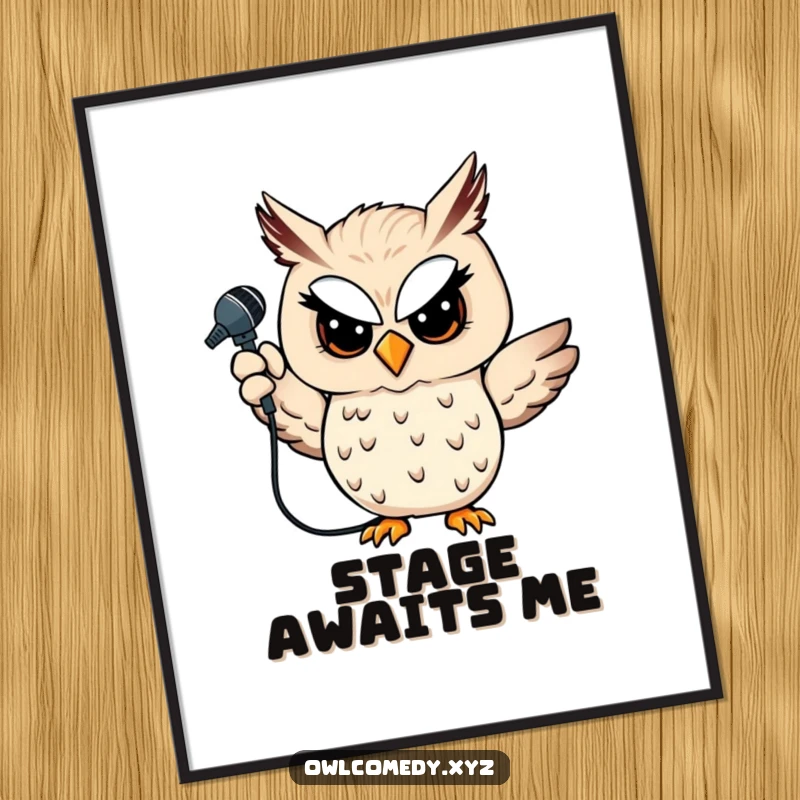 Funny owl digital art print showing a winking owl holding a microphone aloft, ready for instant download and display.