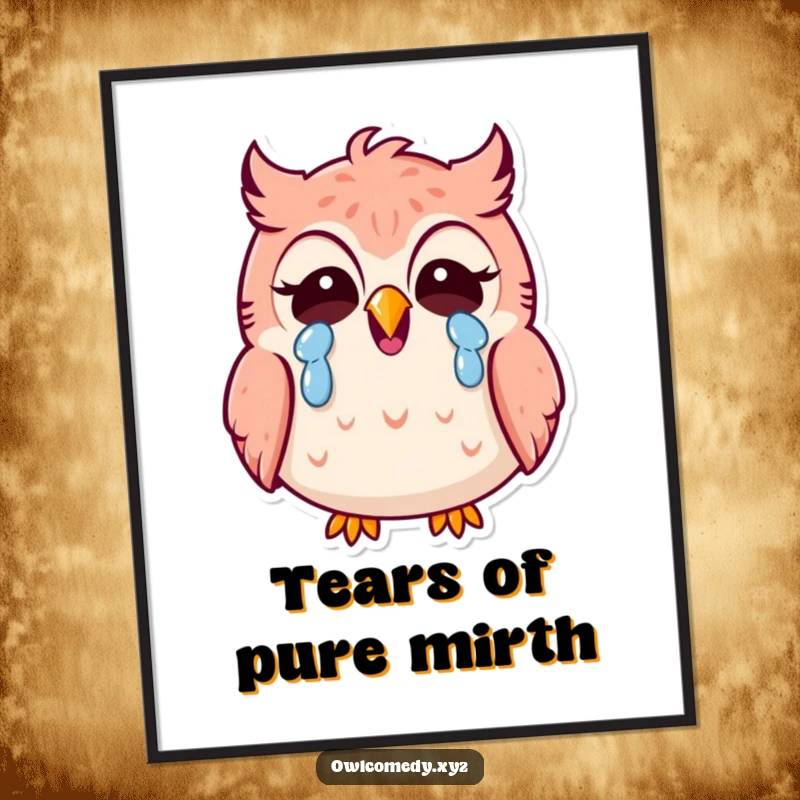 Funny Kawaii owl digital art print, owl laughing hysterically, tears streaming, high resolution, printable, humorous.