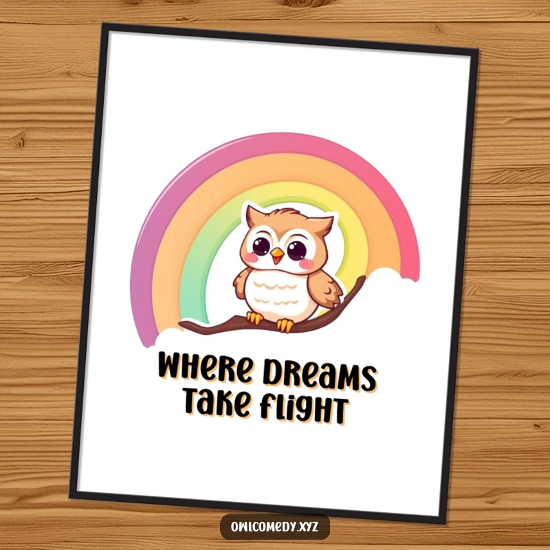 Funny digital art of a giggling owl gleefully sliding down a spectacular rainbow, designed for instant digital display and joy.