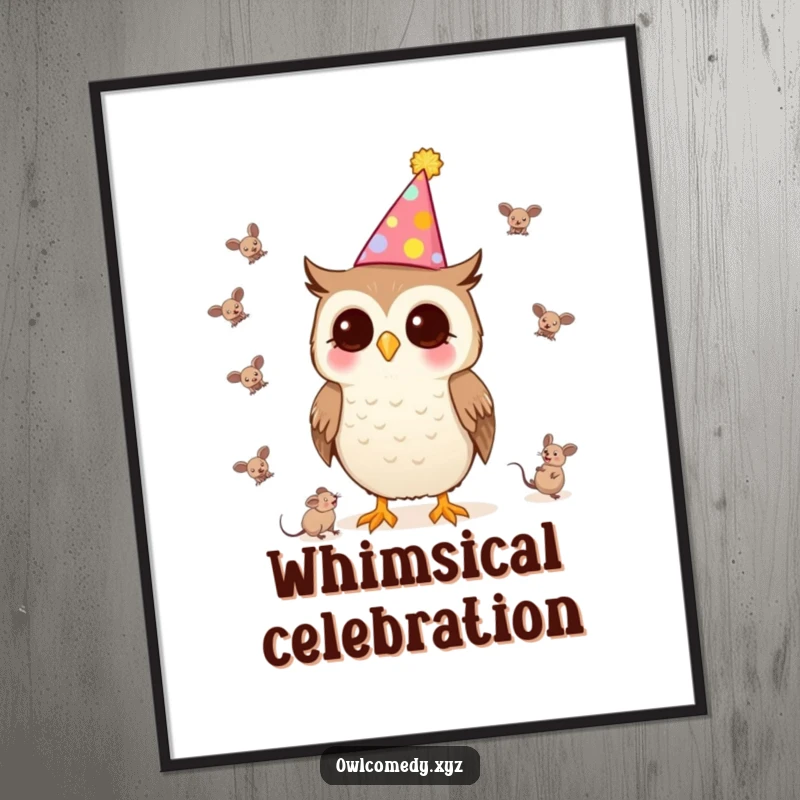 Funny Kawaii Owl Digital Art Print with a party hat, juggling tiny mice, a festive artwork.