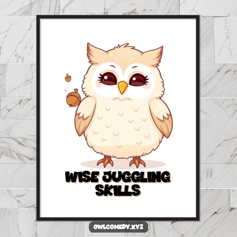 Funny digital art print of a fluffy owl winking and juggling acorns, an artistic and humorous piece for any space.