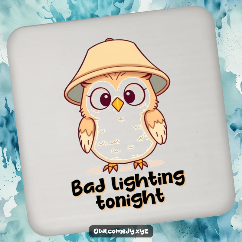 Funny coasters featuring a surprised owl wearing a lampshade hat, protecting surfaces with a humorous, party-ready design.
