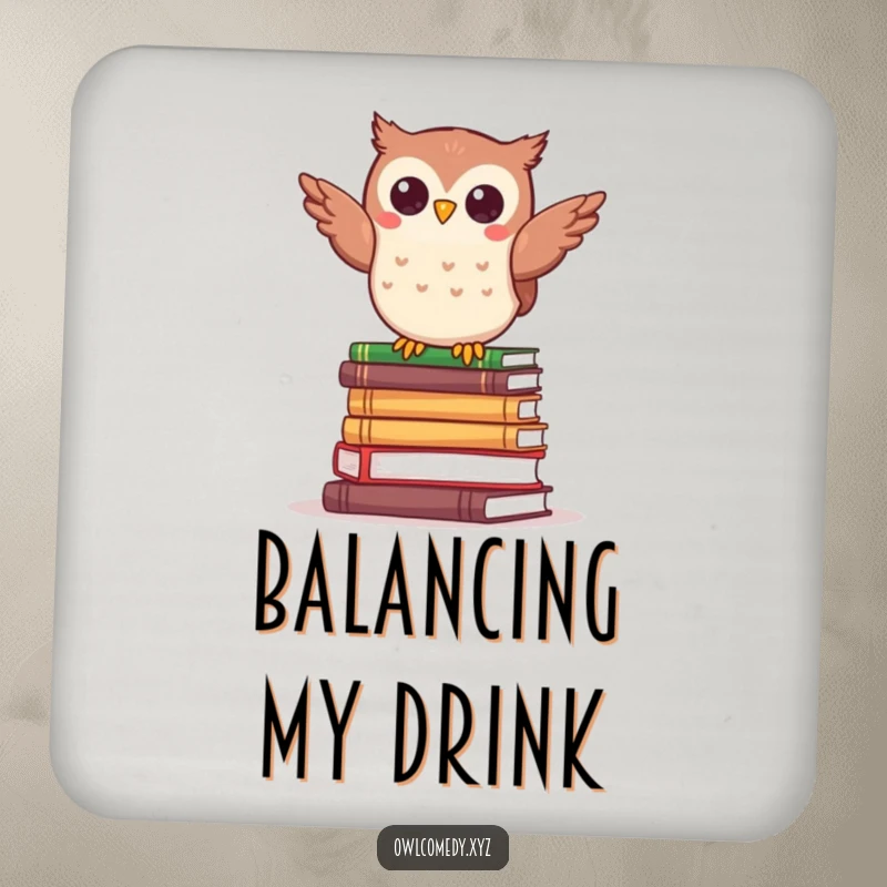 Funny kawaii owl balancing comically on a stack of tiny books, on a protective drink coaster.