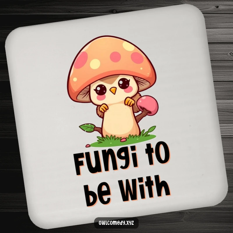 Funny kawaii owl peeking playfully from behind a large, colorful mushroom, on a protective drink coaster.