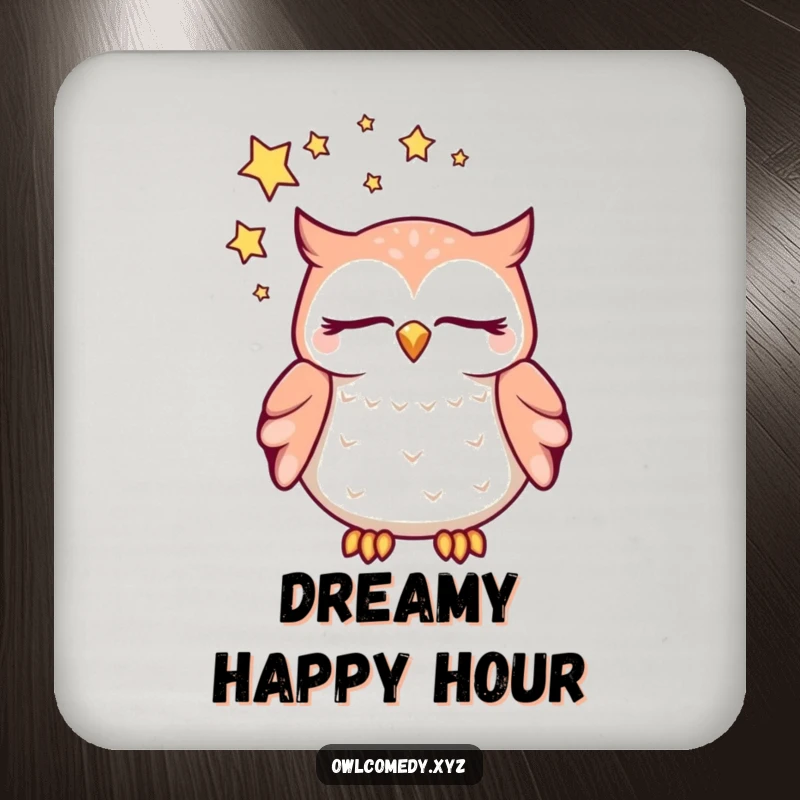 Funny dreaming kawaii owl coaster, with closed eyes and a swirl of stars above its head, a humorous and protective drink accessory.
