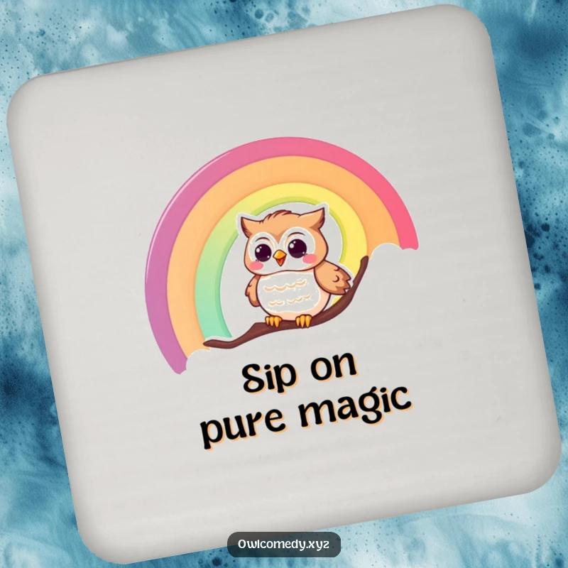 Funny drink coasters featuring a giggling owl joyfully sliding down a colorful rainbow, protecting tables with smiles.