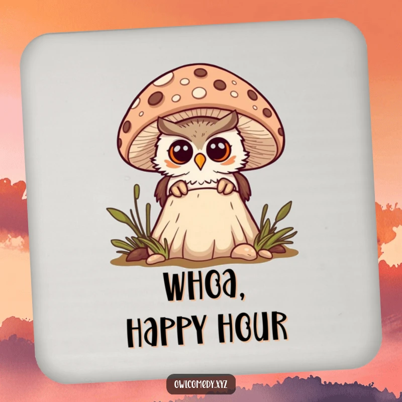 Funny curious kawaii owl peeking from behind a spotted mushroom, looking surprised, drink coaster, protection, woodland, cute.