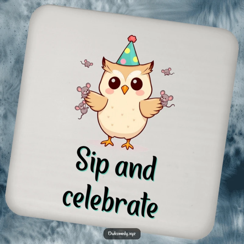 Funny Kawaii owl coaster wearing a party hat and juggling mice, adding a humorous and protective element to drink surfaces, ideal for gifting.