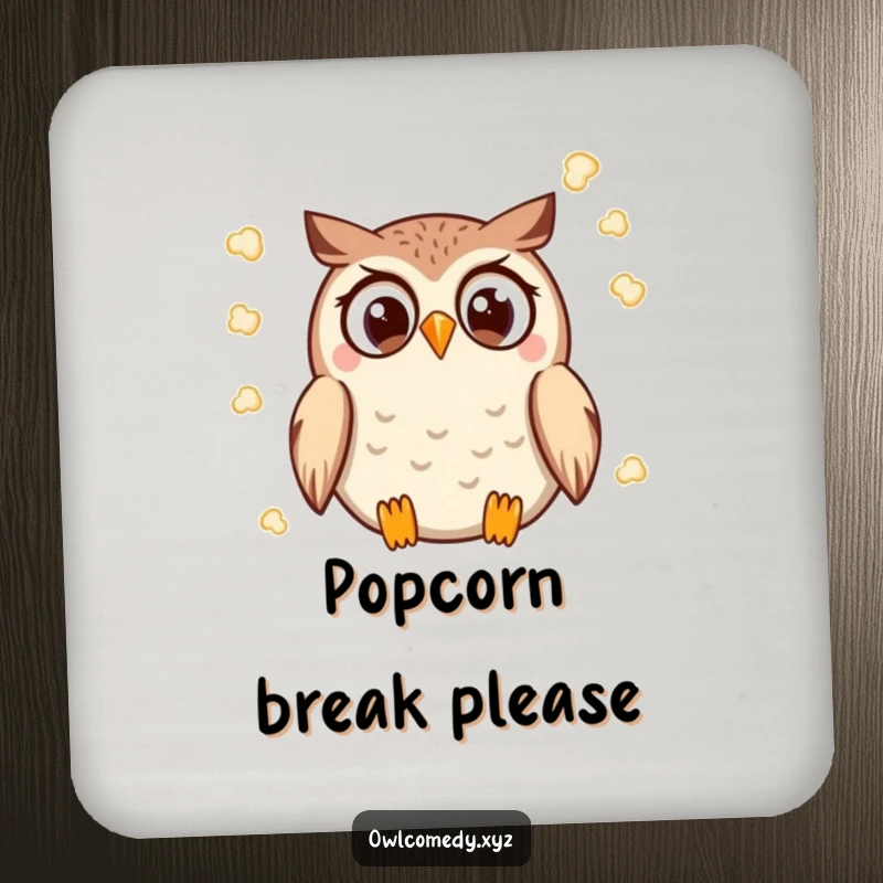 Funny Kawaii Owl Coaster with a wide-eyed owl throwing popcorn, protecting furniture from drinks.