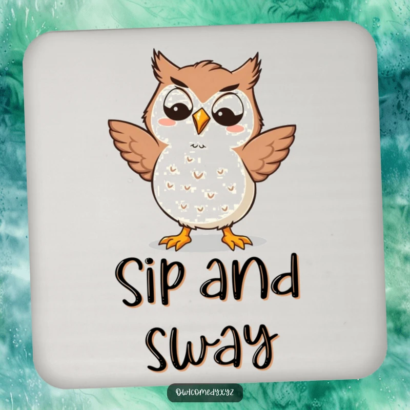Funny Kawaii owl coaster with a goofy grin, doing a silly dance, adding a humorous and protective element to drink surfaces, ideal for gifting.