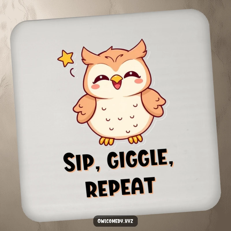 Funny kawaii owl coasters, a delighted owl laughing heartily with a star, perfect drink protection humorous gift.