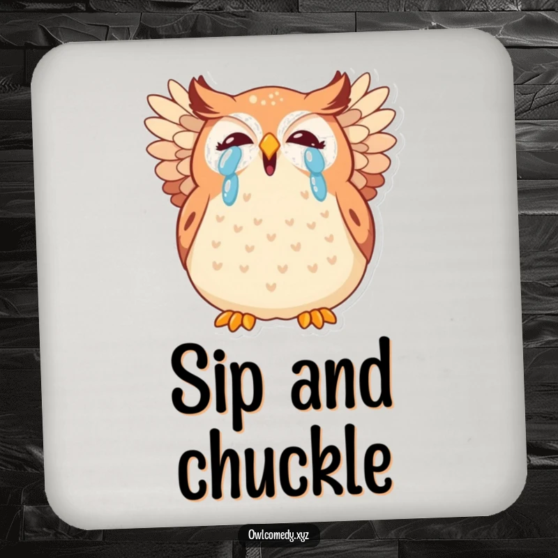 Funny kawaii owl drink coaster, a plump owl giggling hysterically, wings akimbo, keeping your drinks contained.