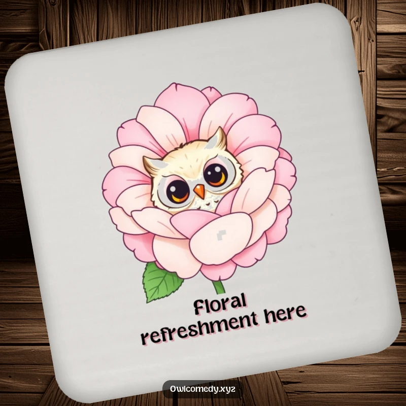 Protective drink coaster featuring a funny owl peeking from behind a large, blooming flower. Cute home accessory.
