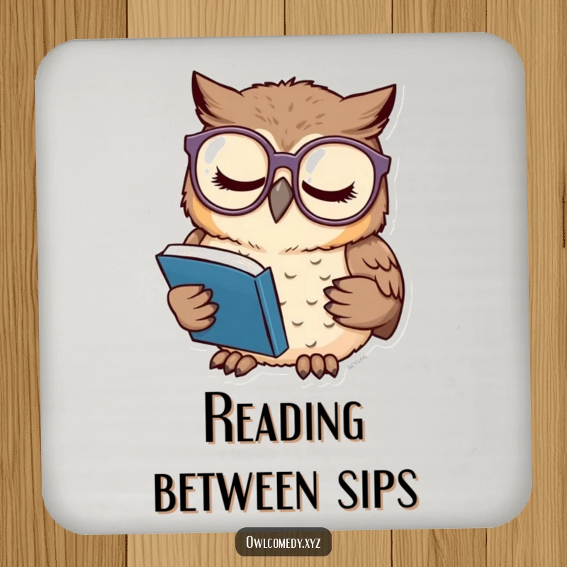 Funny drink coaster showing a sleepy owl wearing oversized glasses, engrossed in a tiny book, adding cozy humor to surfaces.