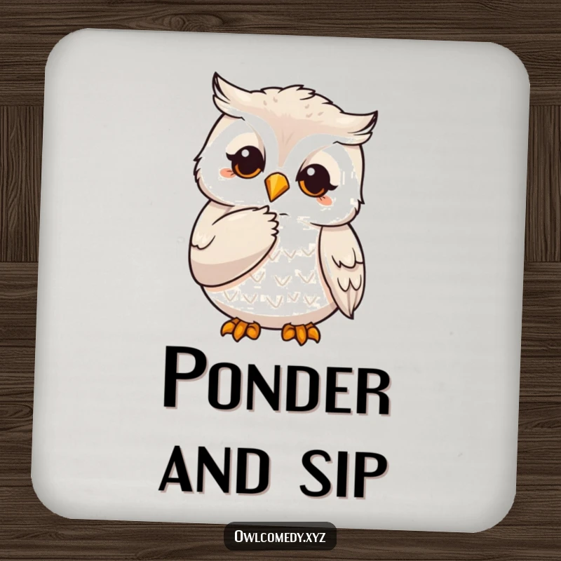Funny drink coaster with a wise owl character stroking its chin with a claw, protecting surfaces with an intellectual theme.