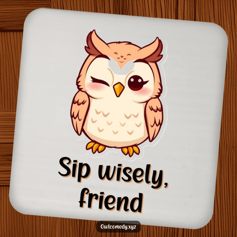 Funny Owl Coaster showcasing a silly winking owl, perfect for protecting surfaces with a humorous design.
