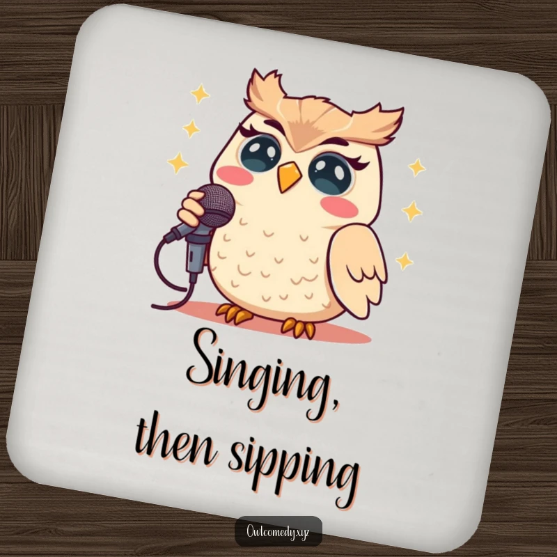 Funny Kawaii owl singing into a microphone on this protective and humorous coaster.