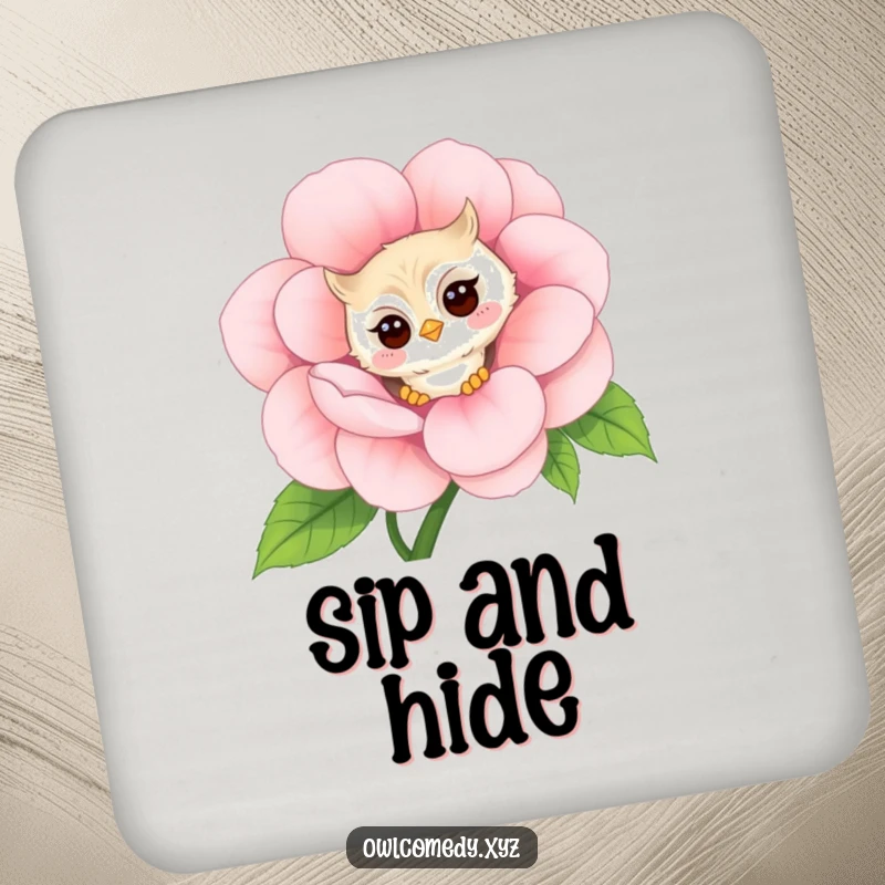 Funny shy kawaii owl coaster, peeking around a giant flower with a faint blush, a humorous and protective drink accessory.