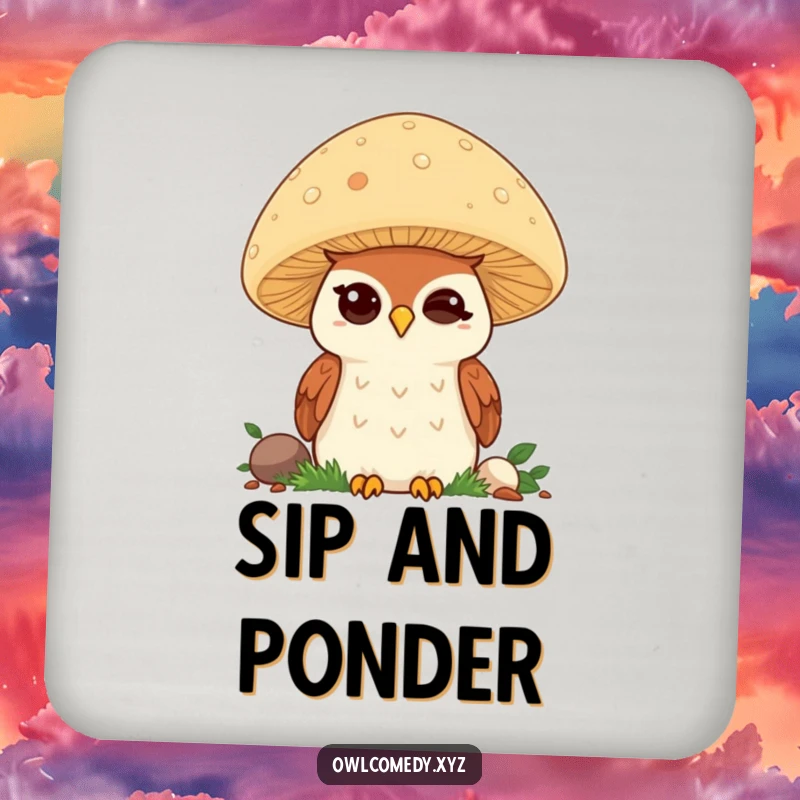Funny Kawaii Owl Coasters: Cute winking owl behind mushroom, protecting surfaces with humor, perfect funny gift.