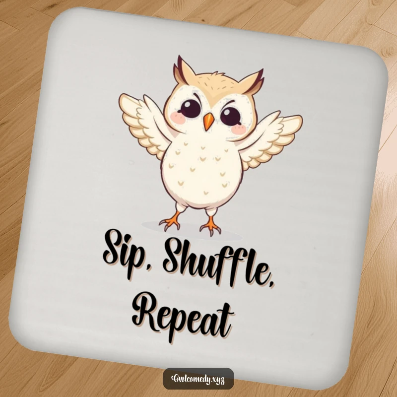 Protective drink coaster featuring a funny dancing owl with wings flapping energetically. Cute home accessory.