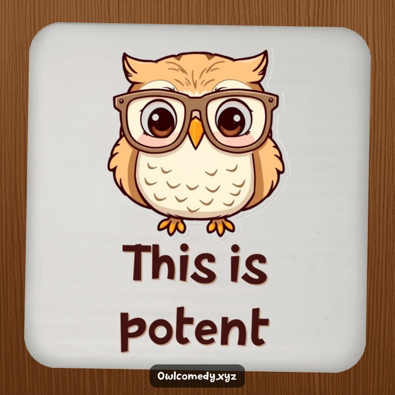 Protective drink coaster featuring a funny owl wearing large glasses, with an expression of surprise and delight. Cute home accessory.