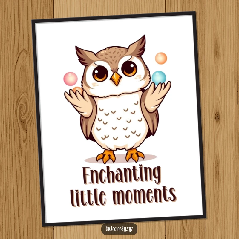 Funny kawaii owl poster, playfully juggling three miniature glowing orbs with its talons, a whimsical and humorous art print.