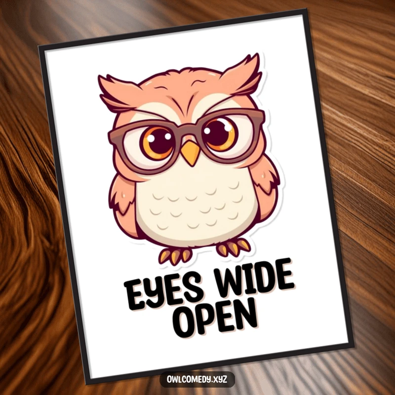Funny Poster: An owl wearing oversized glasses has a comically wide-eyed, surprised expression, perfect for humorous wall art.