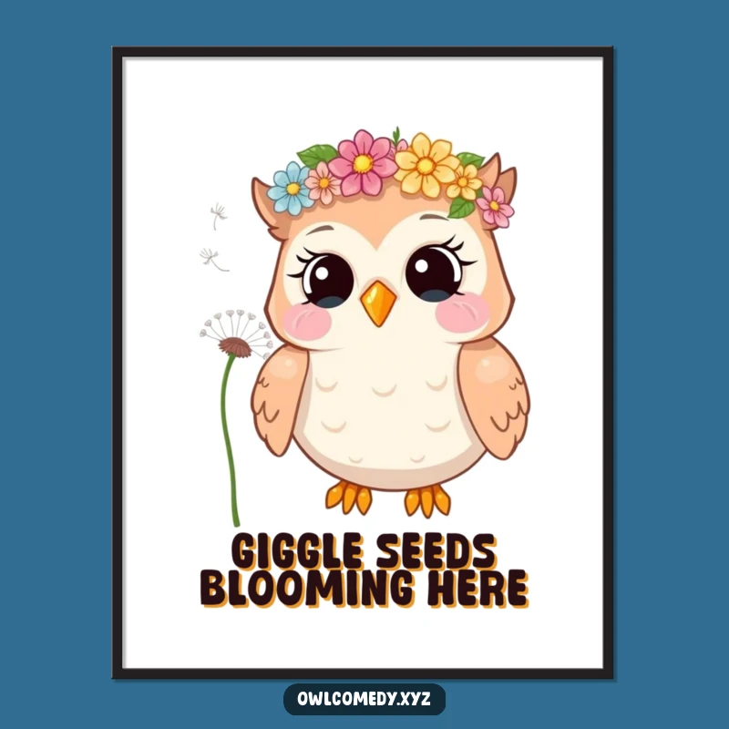 Funny Giggling Owl Poster with Flower Crown - Whimsical Wall Art Gift