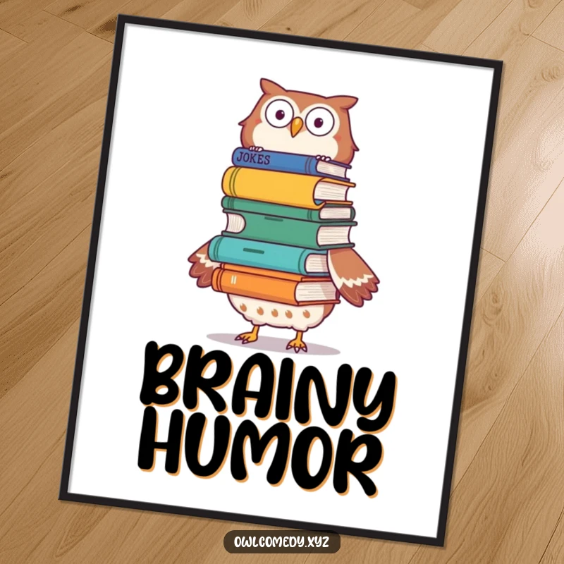 Funny owl balancing a stack of joke books on its head, looking focused, humorous wall art.