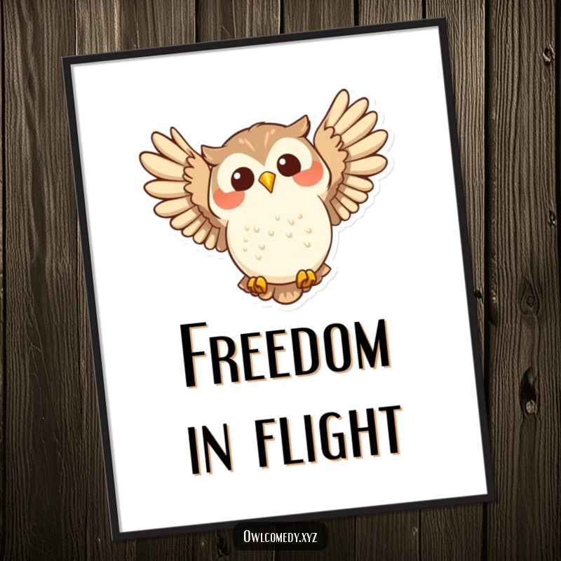 Funny joyful owl swooping with wide wings spread in flight, conveying pure happiness and freedom on wall art.