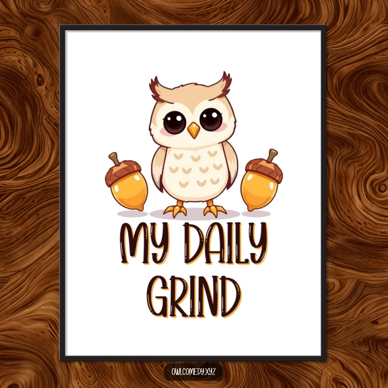 Funny kawaii owl character attempting to juggle three shiny acorns, creating whimsical wall decor.