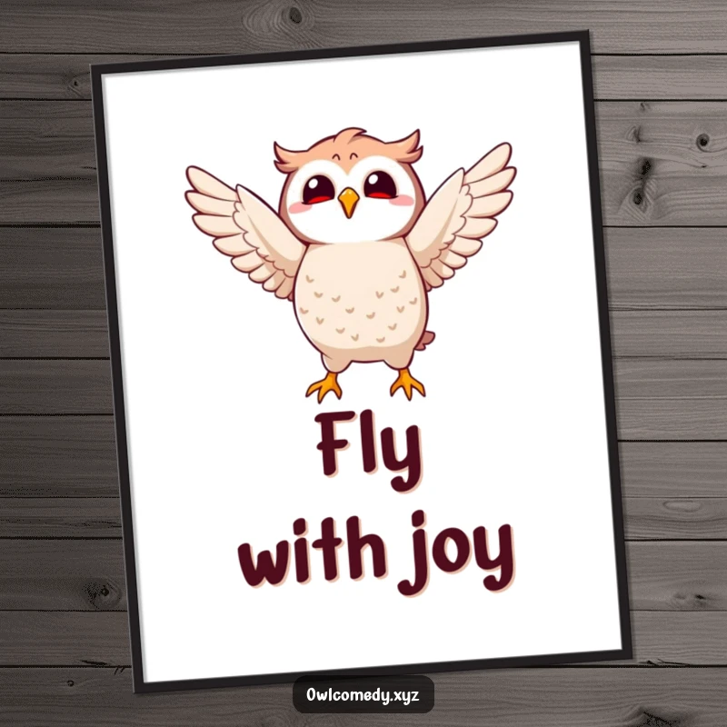 Funny Kawaii owl poster with a character joyfully flapping its wings, adding a touch of whimsical and playful art.