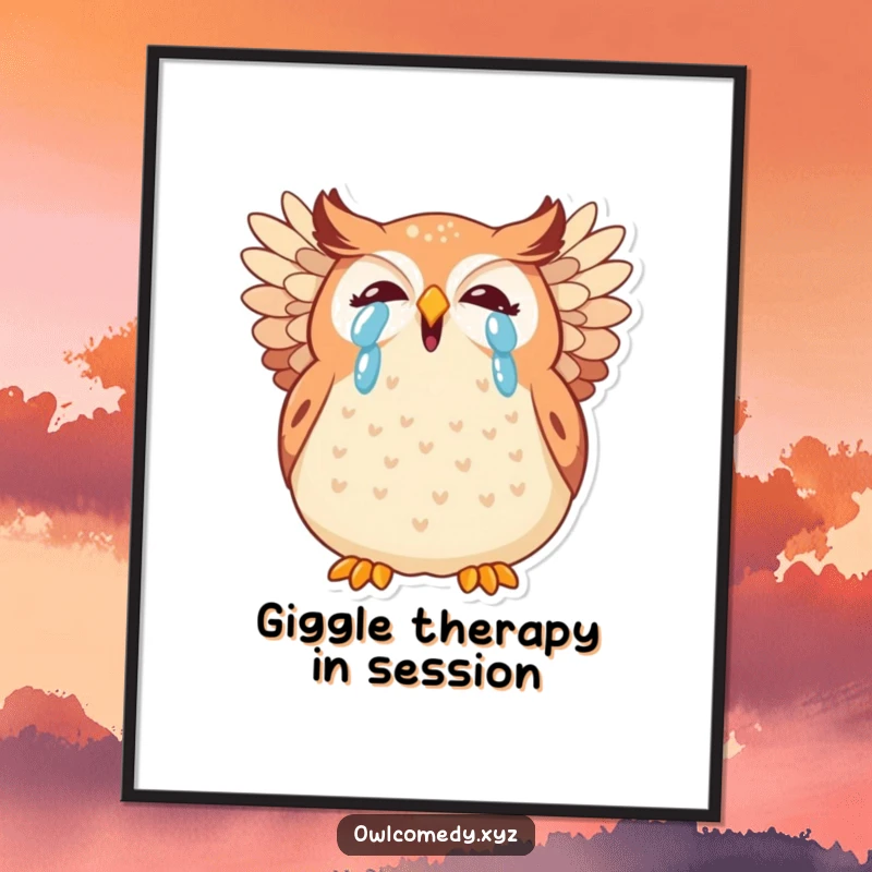 Funny kawaii owl poster print, a plump owl giggling so hard it's crying, wings flailing in comedic ecstasy.