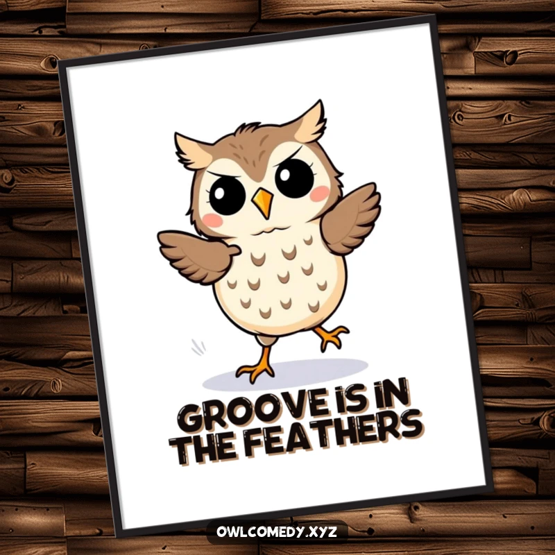 Funny kawaii owl poster, an owl energetically jigging with distinct motion lines, radiating pure joy and excitement.