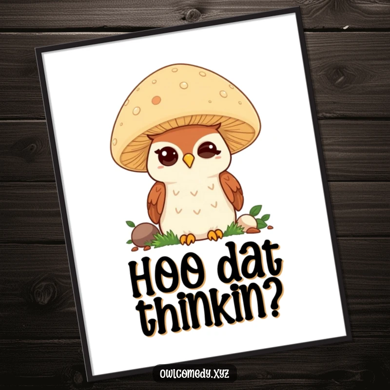 Funny Kawaii Owl Poster: Adorable winking owl behind mushroom, vibrant art, perfect funny gift.