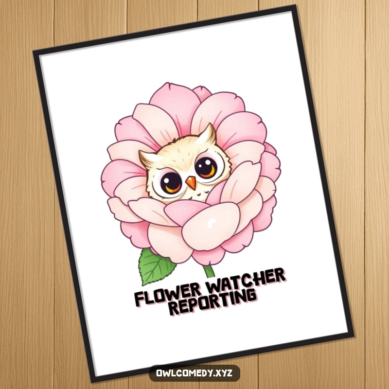 Funny illustration of a curious owl peeking from behind a large, blooming flower. High-quality wall art print.