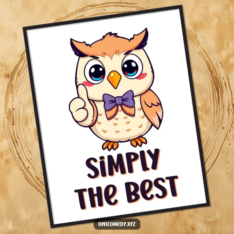 Funny smiling owl wearing a bow tie, giving a thumbs up, captured as a humorous and stylish art print for wall decoration.