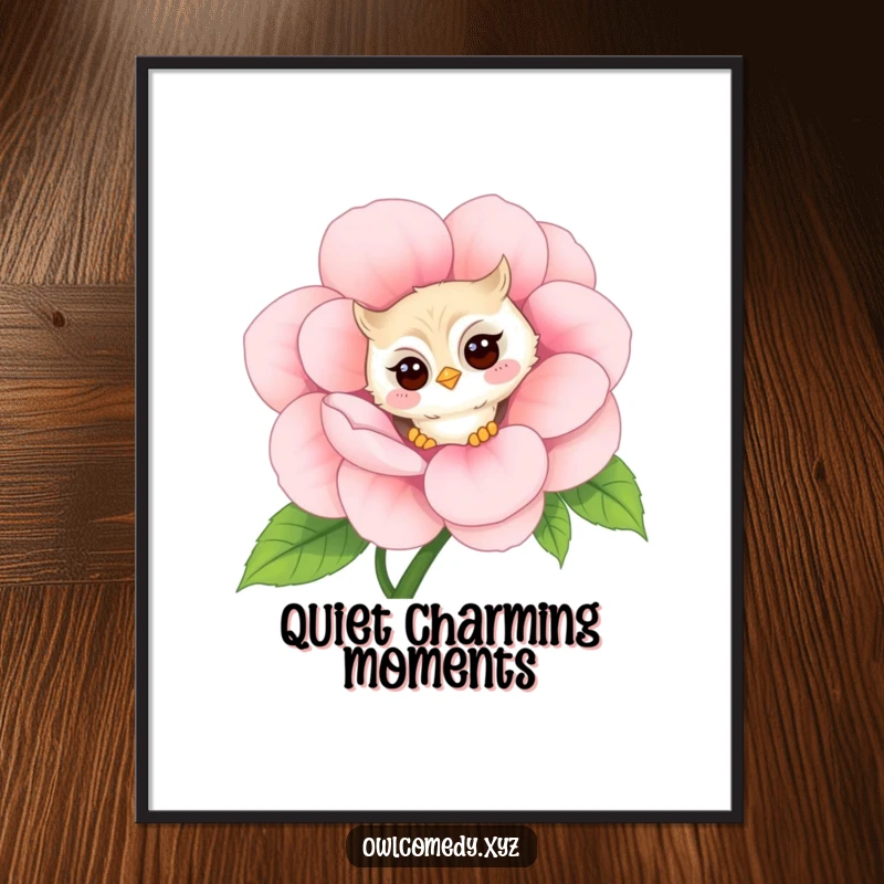 Funny shy kawaii owl poster, peeking around a giant flower with a faint blush, a delicate and humorous art print.