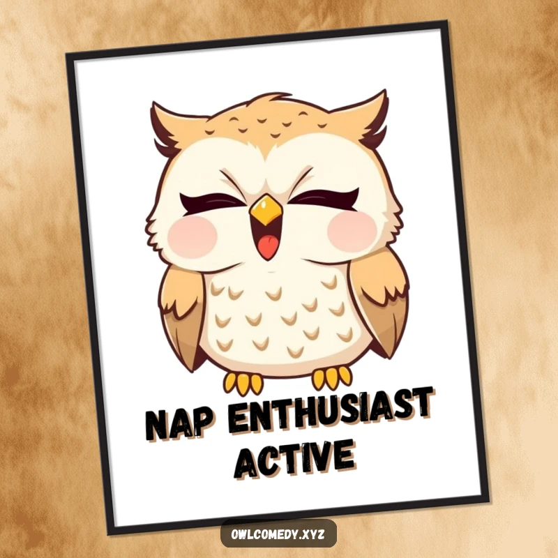 Funny illustration of a sleepy owl yawning widely, with a subtle giggle escaping its beak. High-quality wall art print.