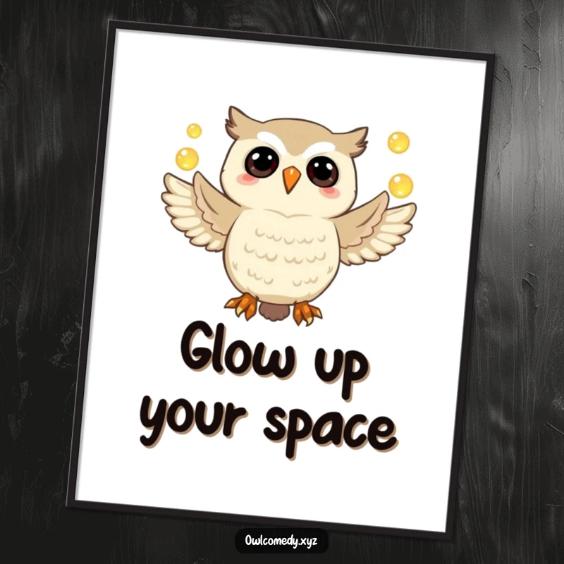 Funny owl poster showcasing a jubilant owl artistically juggling luminous orbs, captivating wall art for fantasy fans.
