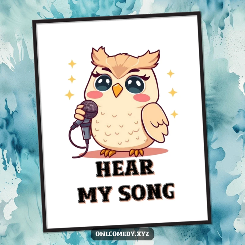 Funny Kawaii owl singing loudly with a smile into a microphone, creating a joyful focal point in this poster.