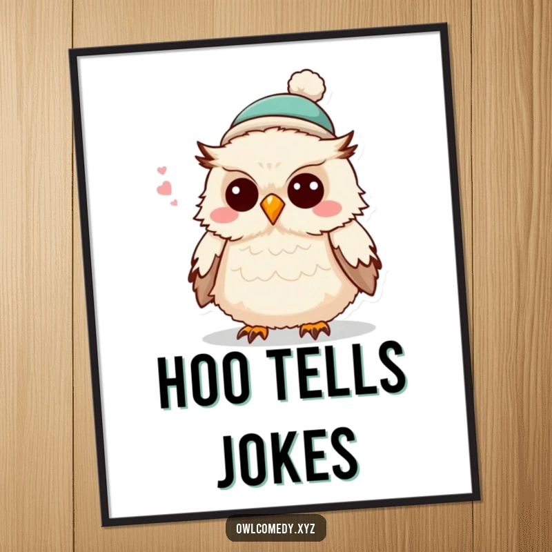 Funny fluffy owl wearing a tiny hat, mid-joke, captured as a humorous and whimsical art print for wall decoration.