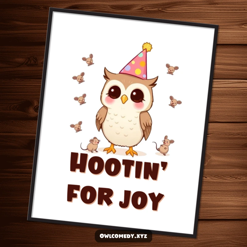 Funny Kawaii Owl Poster wearing a party hat, juggling tiny mice, creating a festive atmosphere.