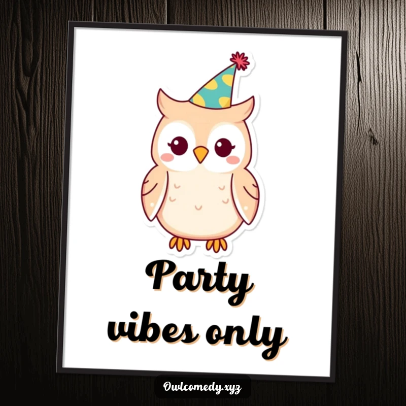 Funny Kawaii owl poster, owl wearing a tilted party hat, festive decoration, celebratory art, whimsical.