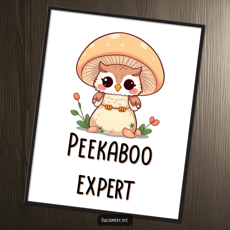 Funny Kawaii owl peeking and winking from behind a giant mushroom, presented as vibrant wall art.