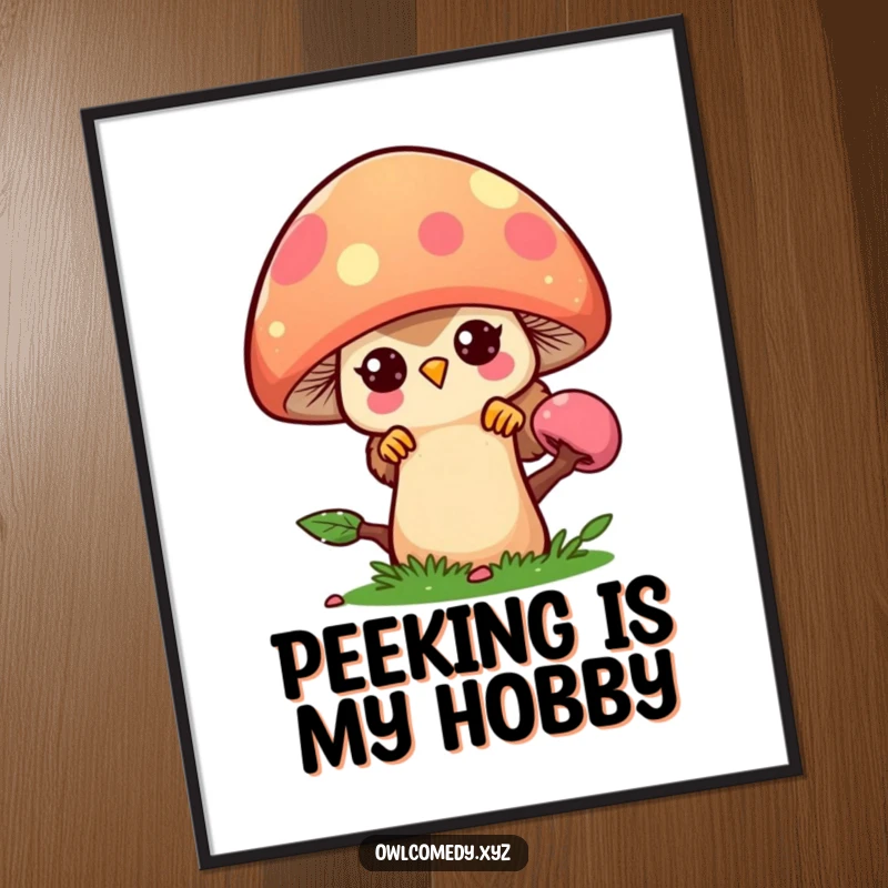 Funny kawaii owl peeking playfully from behind a big, colorful mushroom, creating whimsical wall decor.