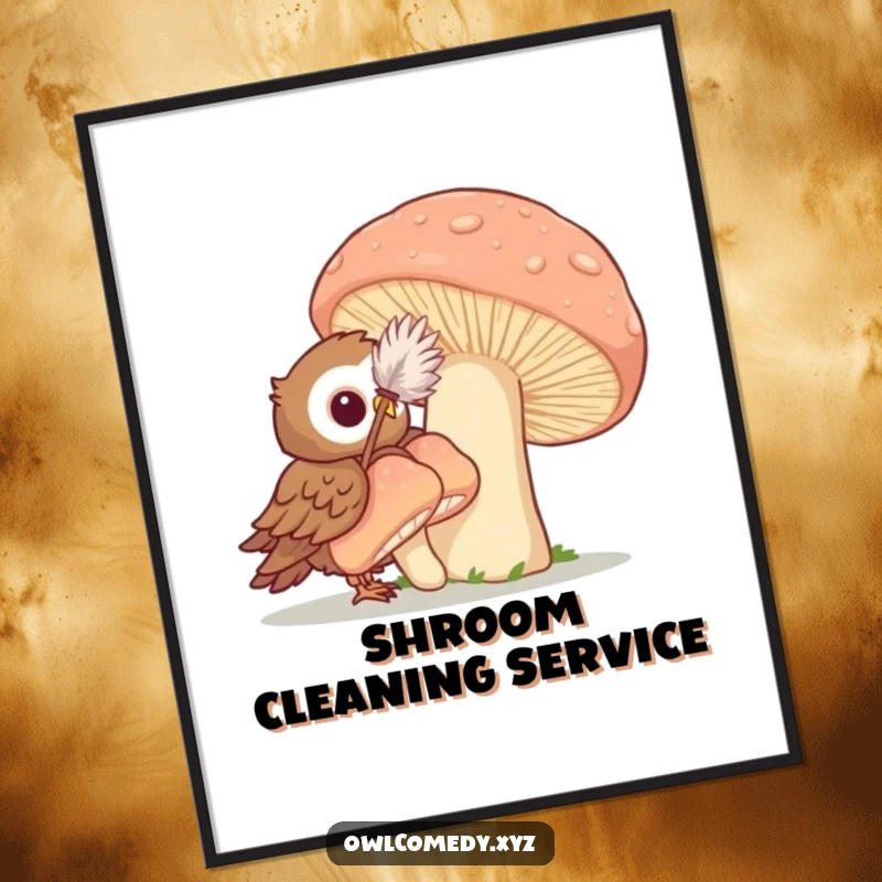 Funny poster art of an owl energetically cleaning a massive mushroom with a feather duster, ideal for whimsical wall decor.