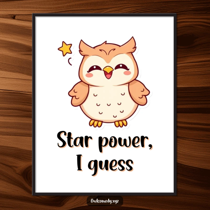 Funny kawaii owl poster, a delighted owl laughing heartily, speech bubble with a star, captivating humorous wall art.