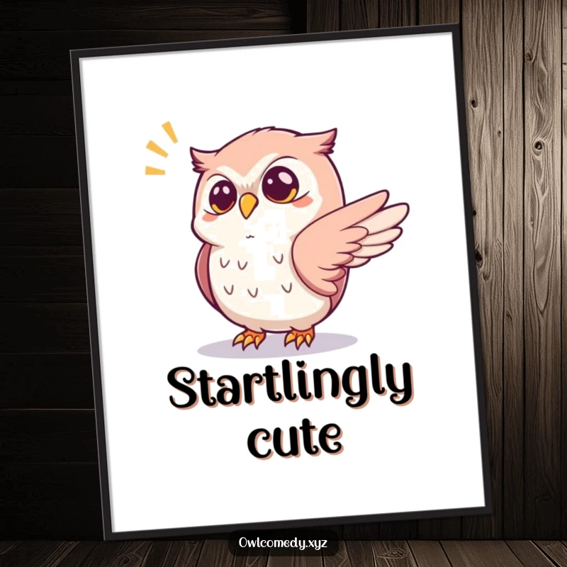 Funny startled kawaii owl poster, with one wing outstretched reacting to a popping sound, a dynamic and humorous art print.