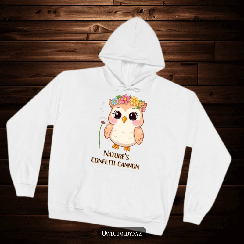 Funny hoodie showcasing a giggling owl with a flower crown, blowing dandelion seeds, perfect for cozy and humorous wear.